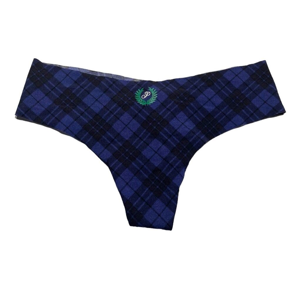 Victoria’s Secret PINK No Show Thong Midnight Navy Plaid Crest Graphic Large